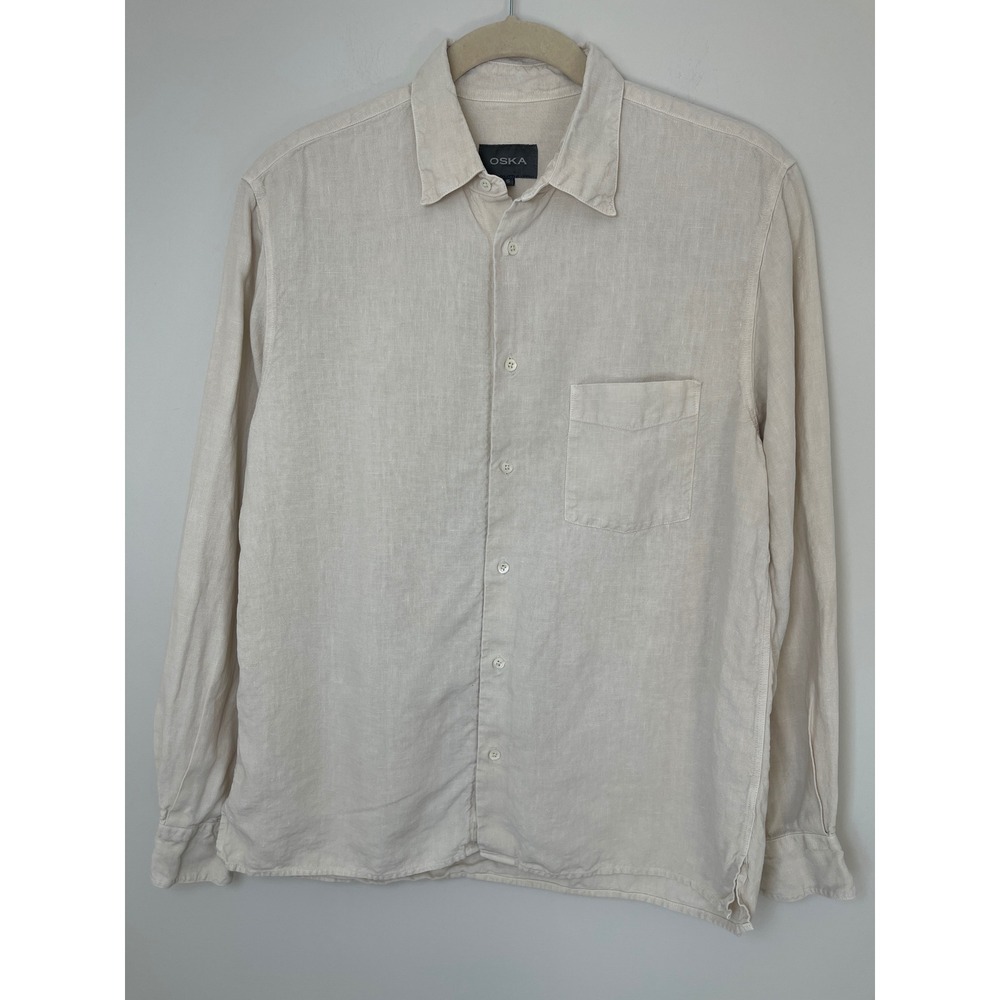 OSKA Mens Linen Button Down Shirt Beige Cream Long Sleeve Size 5 XL Pocket